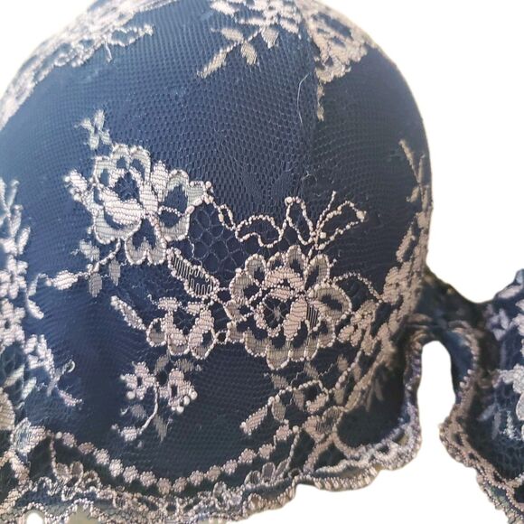 Victoria Secret Demi Padded Bra 34B ID# 36007072 Navy Pink Lace Bows Push Up - Picture 6 of 11